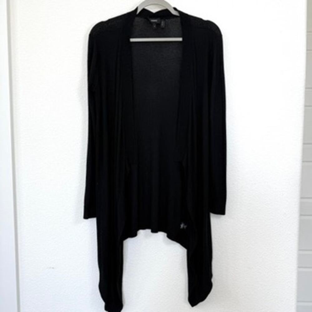 Theory Silk Blend Open Front Drape Cardigan Black Long Sleeve Asymmetrical Hem P